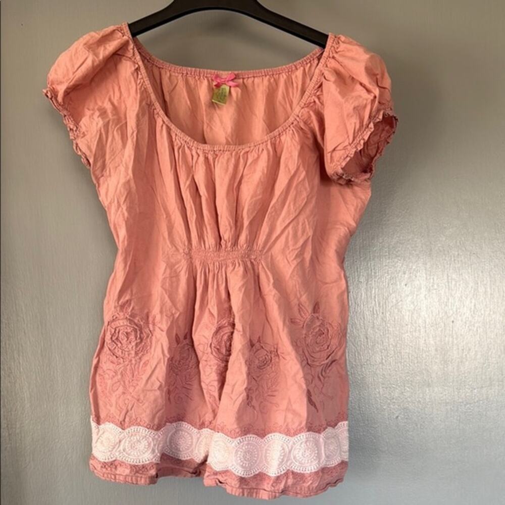 Downeast Basics Women's Pink Peasant Babydoll Top Embroidered Flowers Lace sz XL